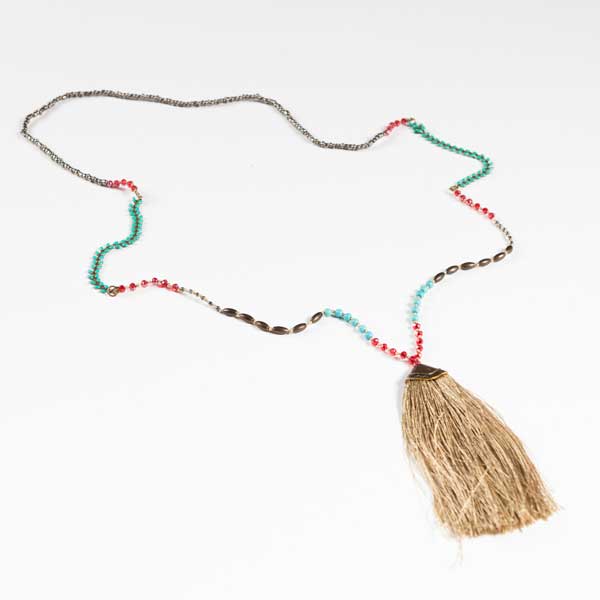 Boho Κολιέ. Long Faux Necklace With Multicolored Beads With A Tassel. ,