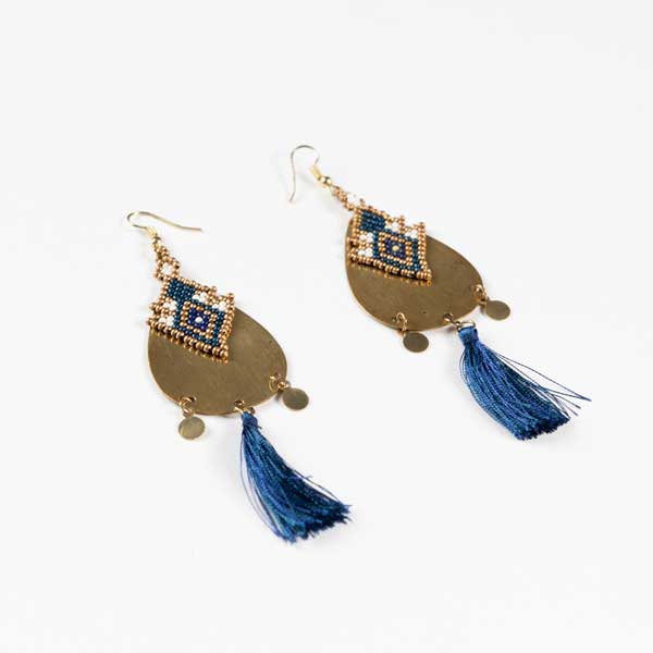 Boho Σκουλαρίκια Bronze Earings With Blue Tussel.